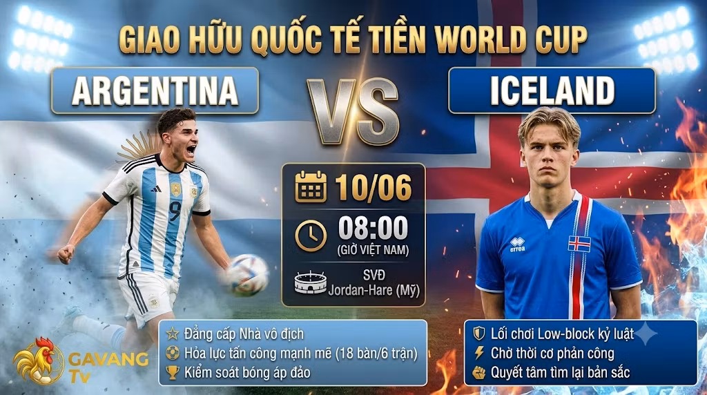 Ảnh bìa nhận định trận đấu giao hữu quốc tế tiền World Cup 2026 giữa Argentina vs Iceland lúc 08h00 ngày 10/06, trực tiếp trên Gavang TV.