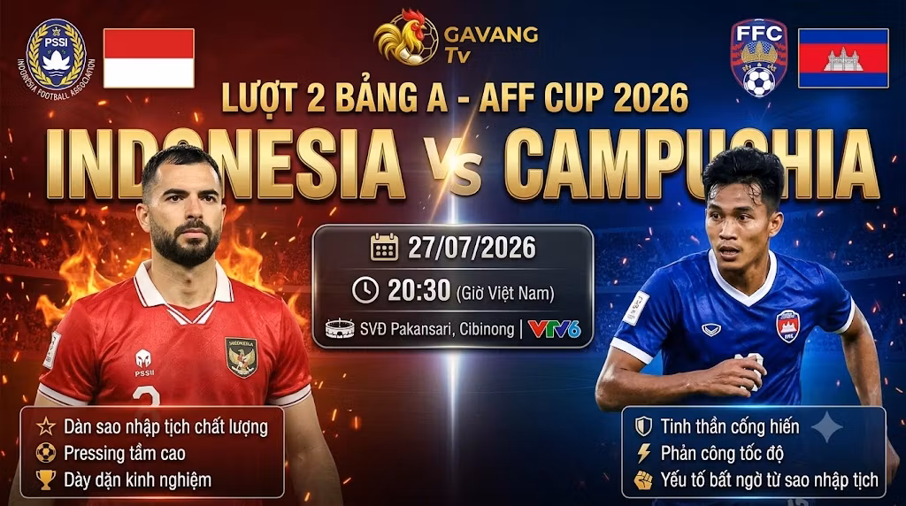Nhận định trực tiếp bóng đá Indonesia vs Campuchia bảng A AFF Cup 2026 tốc độ cao tại Gavang TV.
